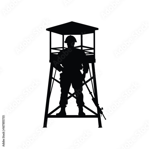 Silhouette of a military guard on watchtower, a symbol of security, soldier on lookout tower silhouette vector illustration