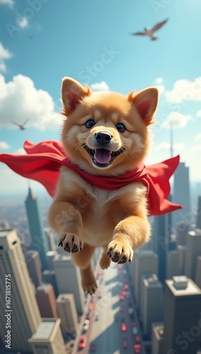 Dog wearing cape flying above city skyline, superhero viral aesthetic, comical yet inspiring meme style