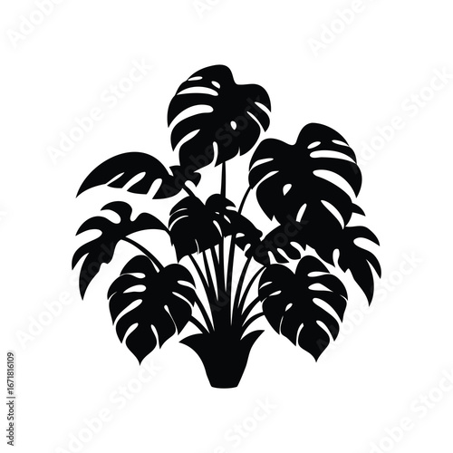 Bold Silhouette of a Monstera Plant with Intricate Leaf Details, tropical bush with large leaves silhouette vector illustration