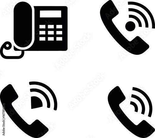 Set of four communication icons featuring a classic landline telephone and three ringing phone symbols vector