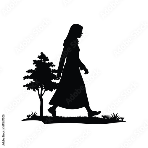Silhouette of a woman walking in a park next to a tree, woman in hijab walking in park silhouette vector illustration