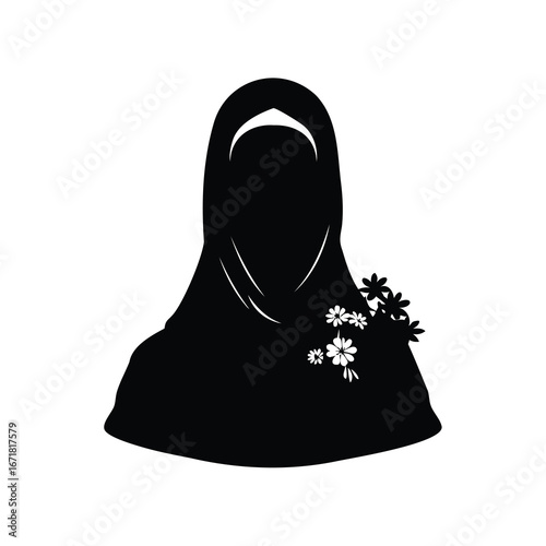 Silhouette of woman in hijab with floral accents, a symbol of modesty, woman in hijab with flowers silhouette vector illustration