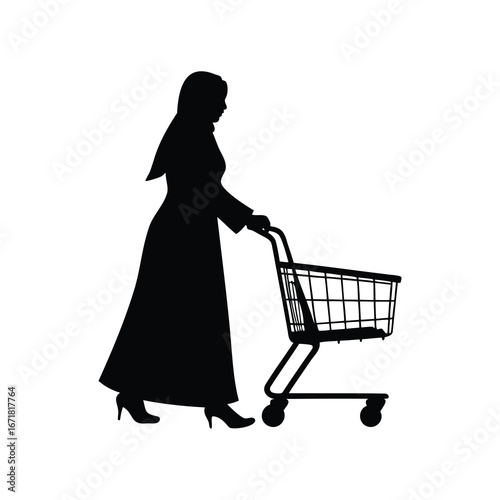 Silhouette of a woman in hijab pushing shopping cart, isolated on white, woman in hijab with shopping cart silhouette vector illustration