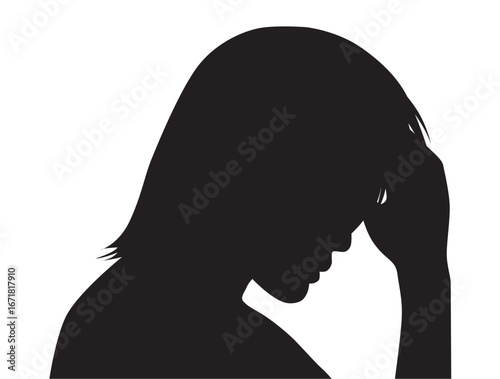 おでこに手を当てて悩む男性の右向き横顔シルエット