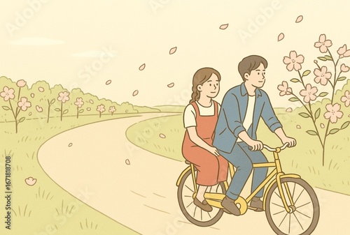 Korean couple cycling in the park, teenage love, sweet love, couple activities, minimalist line drawing, cartoon illustration, vector illustration