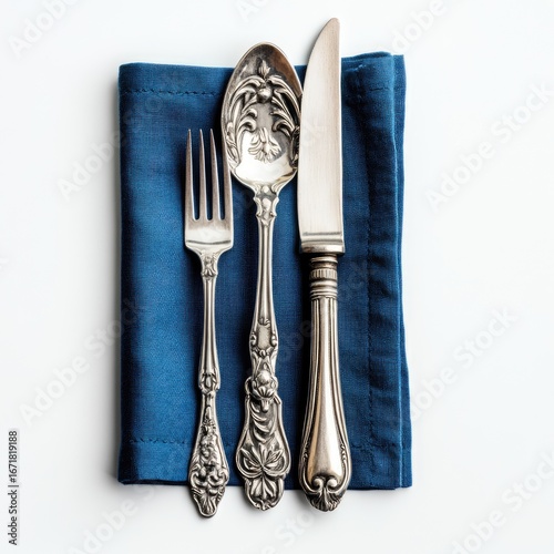 Antique silverware set on blue napkin (2)