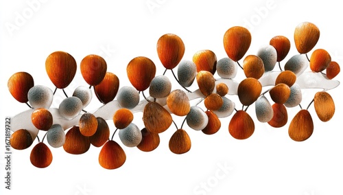 A wall-mounted decorative piece featuring clusters of orange and gray ovoid shapes connected by thin lines.