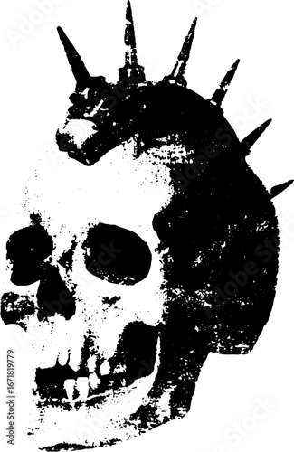 Grunge black and white illustration of skeleton with spiked mohawk for urban designs