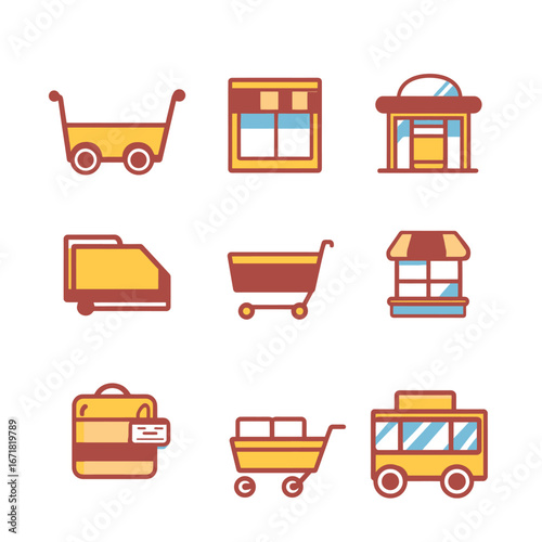 Illustration featuring shopping carts, storefronts, and a suitcase in a flat design style vector