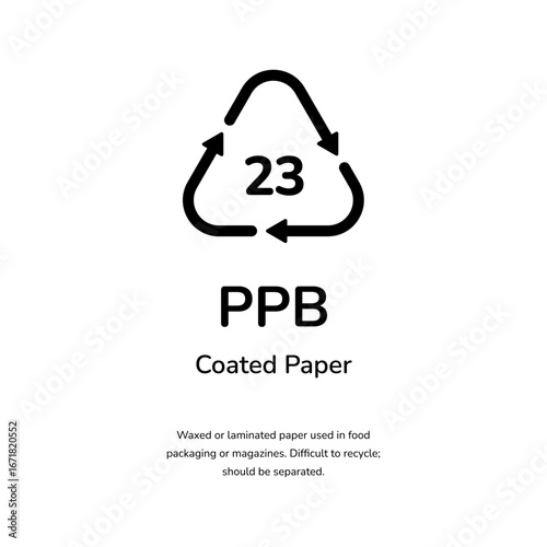 Recycle sign for 23 ppb coated paper material waste
