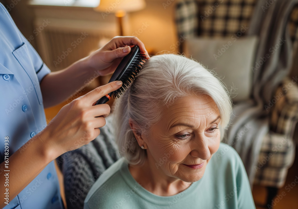Fototapeta premium Home care nurse gently brushing the hair of an elderly woman showing kindness and personal care