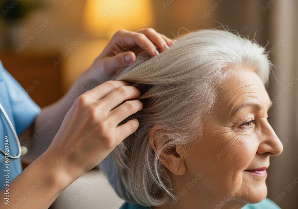 Fototapeta premium Home care nurse gently brushing the hair of an elderly woman showing kindness and personal care