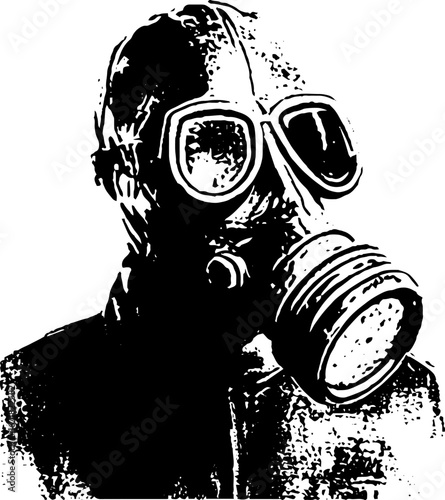 Grunge black and white skeleton wearing gas mask illustration for urban design