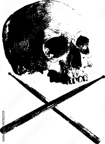 Grunge black and white skull art with crossed drumsticks - urban tribal design for posters