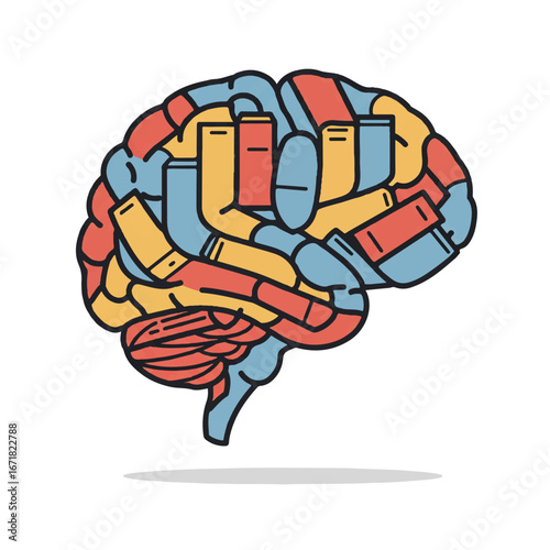 Stylized brain with colorful compartments representing thoughts and memories against a white backdrop, conveying the complexity of the human mind.