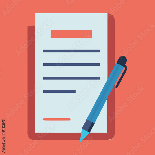 Flat vector illustration of a contract document with a pen signing it