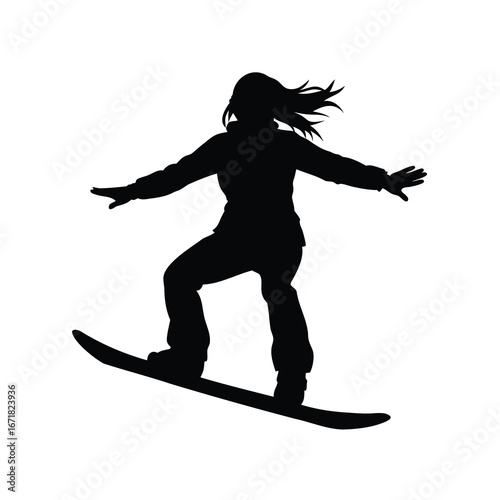 Silhouette of a woman snowboarding with her arms out on a white background, a woman snowboarding silhouette vector illustration