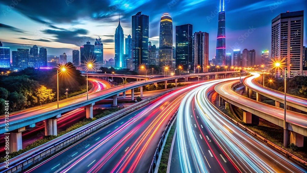 Fototapeta premium City highway at night with light trails and skyscrapers