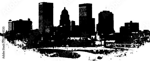 Grunge black and white silhouette of snowy urban skyline for winter-themed design