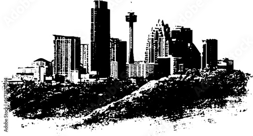 Urban skyline in grunge style: black and white cityscape illustration with snowy effect