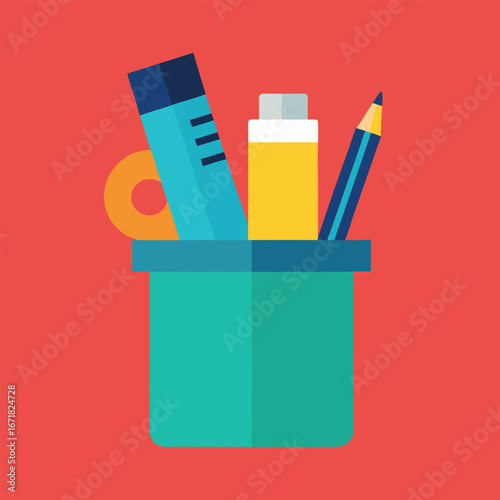 Flat vector illustration of a pen holder filled with various stationery items