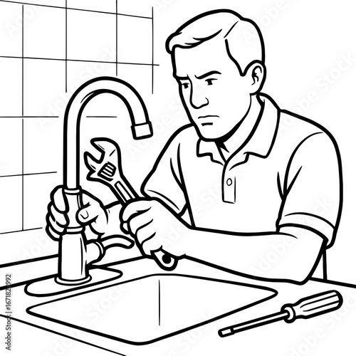 A black and white line art illustration of a plumber fixing a faucet with a wrench. This image is suitable for websites or blogs about home repair, plumbing, or DIY projects.

