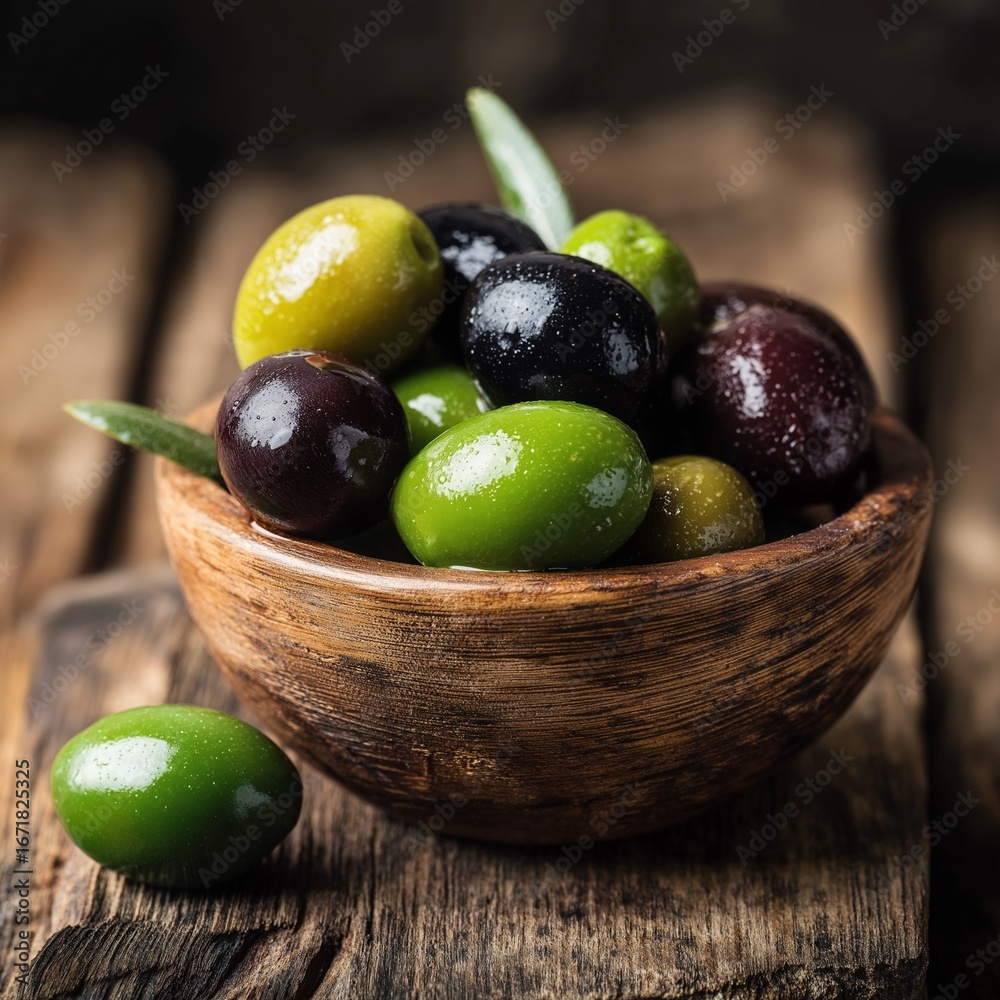 Obraz premium Healthy black and green olives in a wooden bowl on a rustic table.