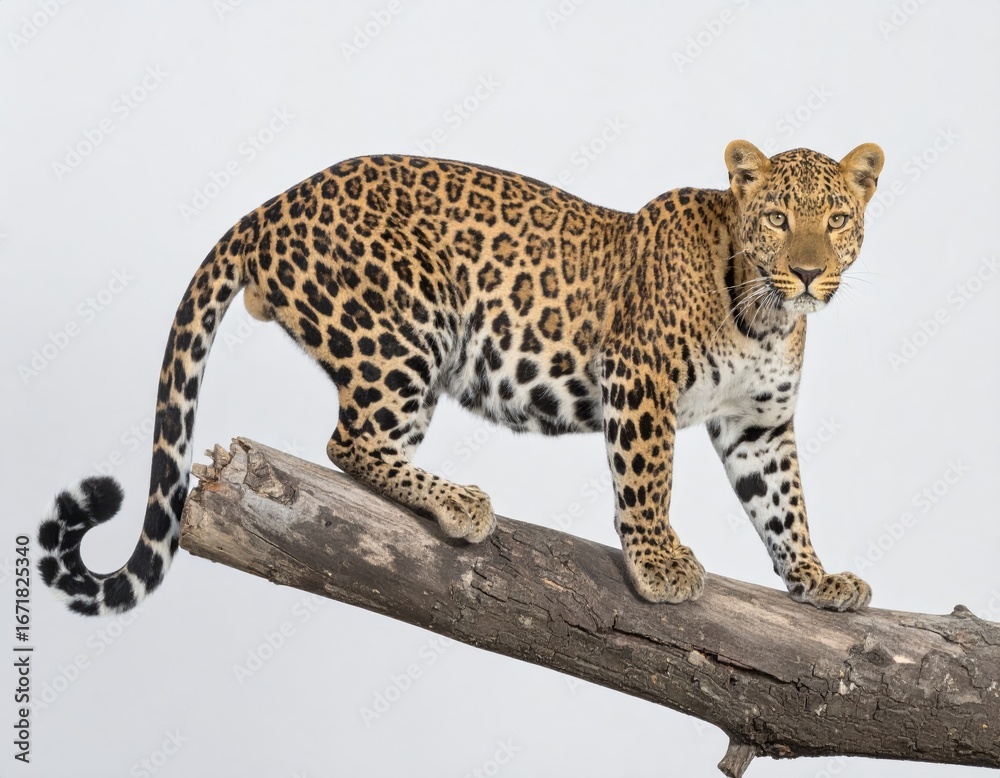 Obraz premium A majestic leopard gracefully balances on a weathered log, showcasing its spotted coat and powerful physique.