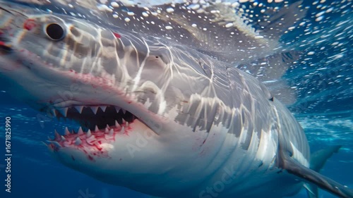 4k video of a shark with bloody jaws swimming towards.