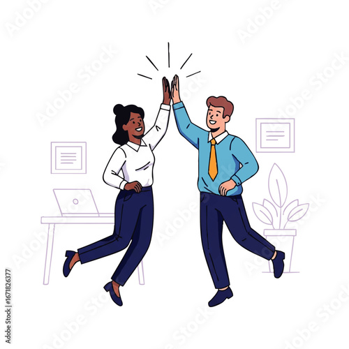 Joyful business colleagues high-fiving in celebration of success and teamwork in the office