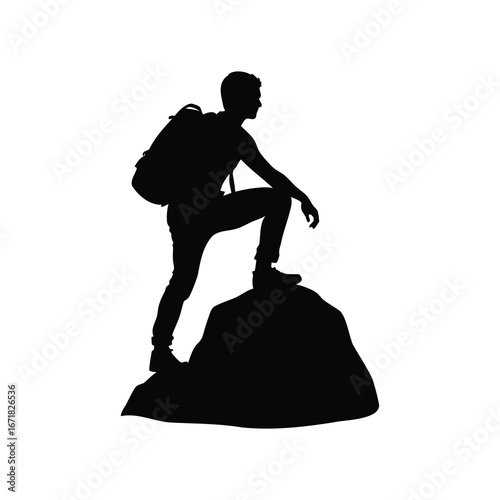 Silhouette of a hiker standing on a rock, enjoying the view of nature, climber on boulder silhouette vector illustration
