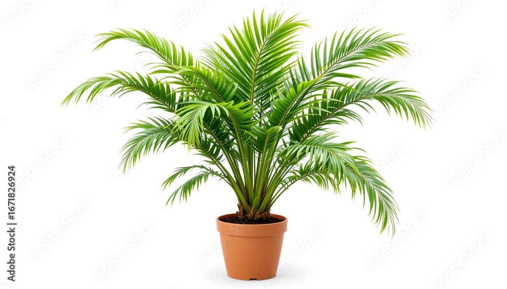 Fototapeta premium A vibrant potted palm in a studio setting with lush green fronds