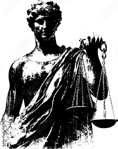 Grunge black and white illustration of justice statue holding scales of balance for legal design