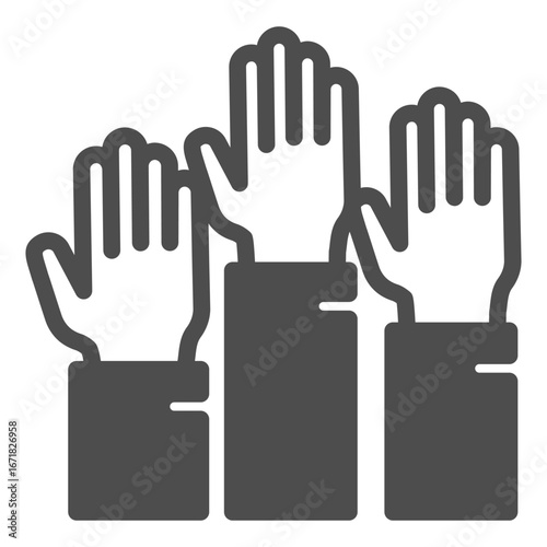 Raised up hands solid icon, osint analytics concept. Vector graphics. Three hands, voting sign on white background, glyph style icon for mobile or web design.