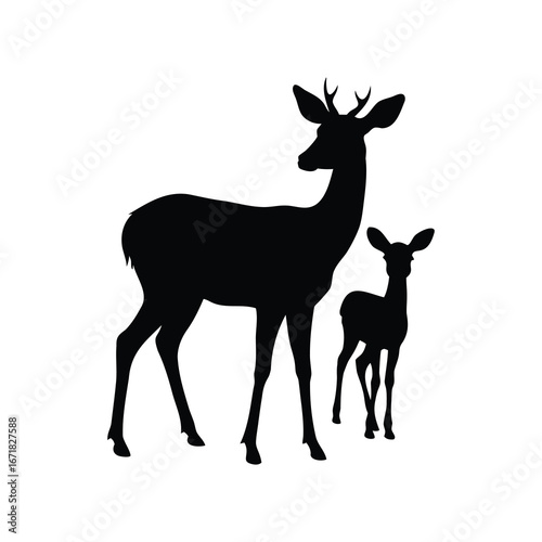 Elegant silhouette image of a graceful mother deer with her young fawn, deer with fawn on silhouette vector illustration