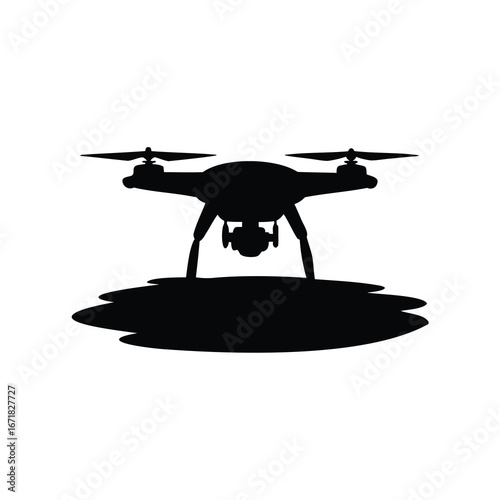 Silhouette of a black drone with camera and landing platform art, drone hovering above ground silhouette vector illustration