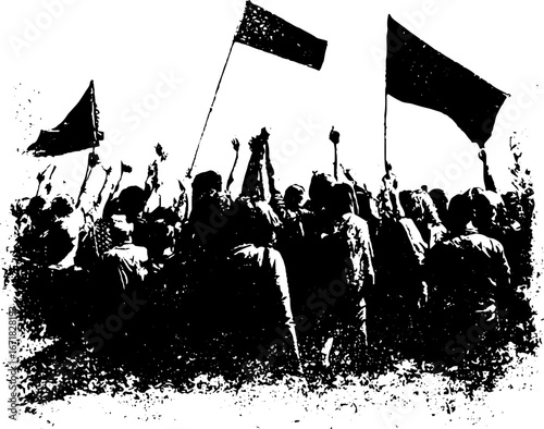 Black and white grunge illustration of street protest with flags raised high