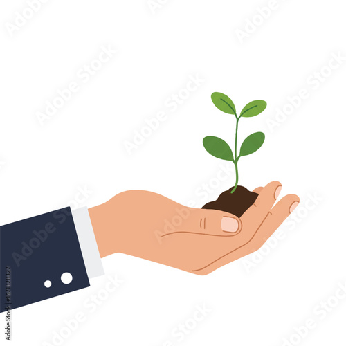 Hand holding small green plant with soil, symbolizing growth and new beginnings in business, conveying hope and sustainability.