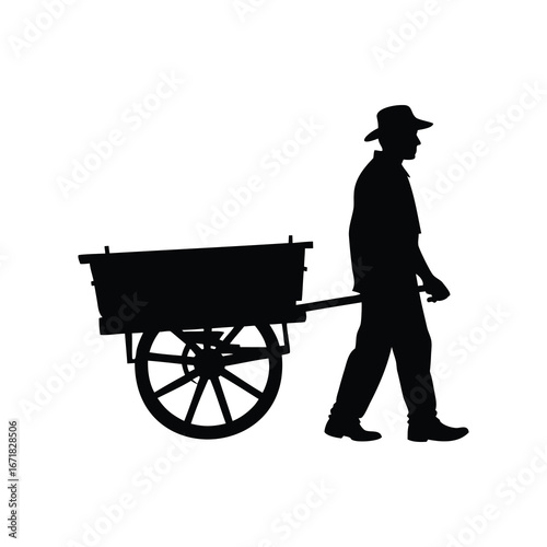 Silhouette of a Farmer with a Cart on a White Background, farmer with farm cart silhouette vector illustration