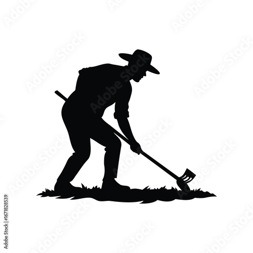 Silhouette of a farmer working the land with a gardening tool at dusk, farmer cultivating soil silhouette vector illustration