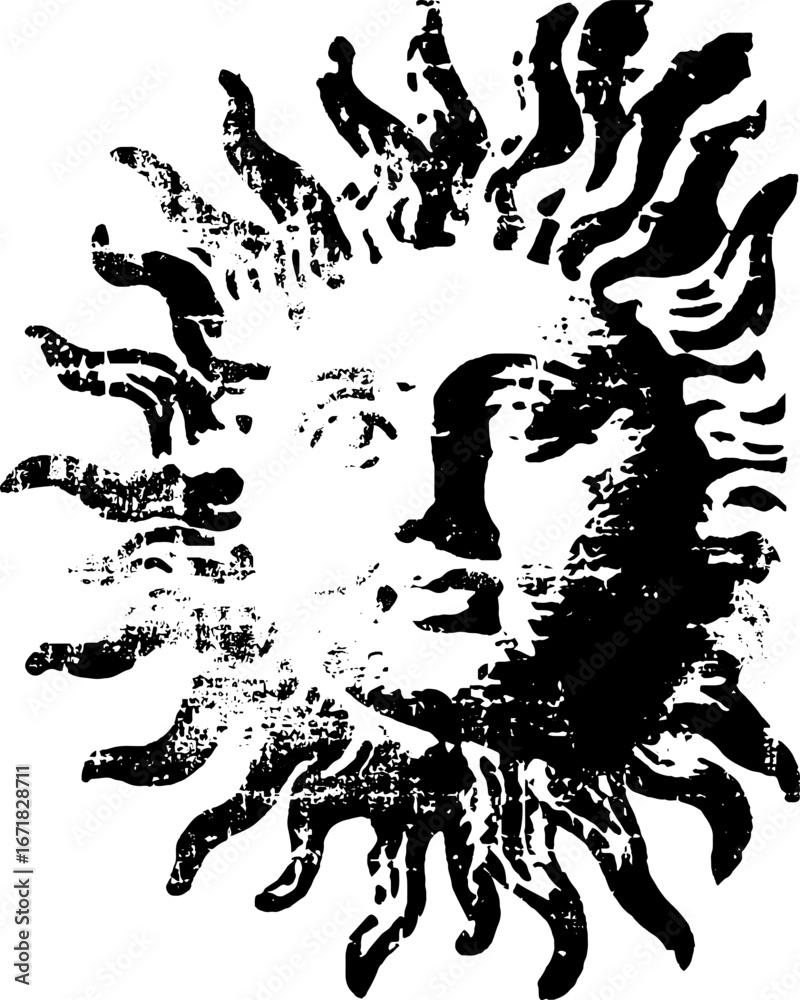 Obraz premium Mystical sun tarot card design in grunge black and white for spiritual posters