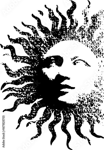 Black and white grunge illustration of tarot card sun design for mystical art