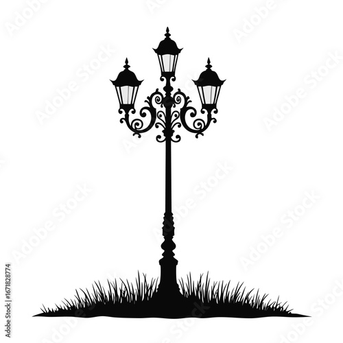 Black silhouette of a vintage triple lamp post with ornate scrollwork on a white background