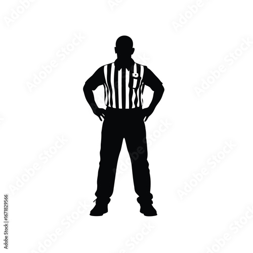 Silhouette of referee standing with hands on hips in black and white, football referee silhouette vector illustration