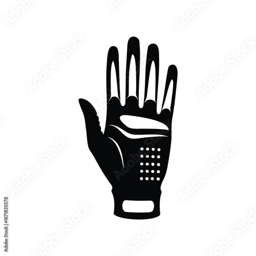 Black graphic of a hand wearing a protective sport glove, golf gloves on silhouette vector illustration