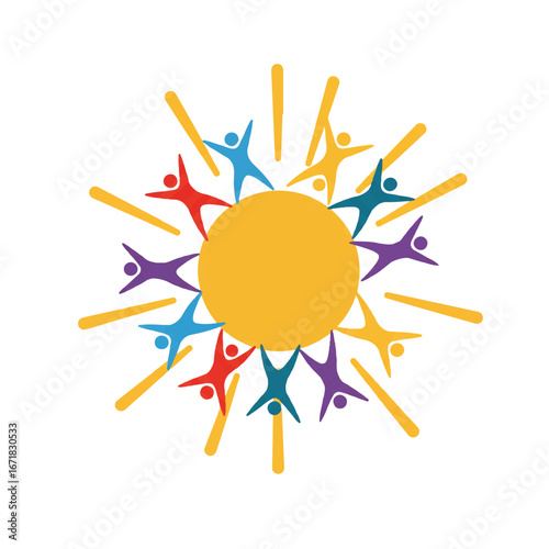 Colorful people figures surrounding a yellow sun represent unity and collaboration, radiating outward with positive energy and teamwork.