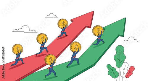 Illustrating business growth and financial success through team collaboration and strategic planning