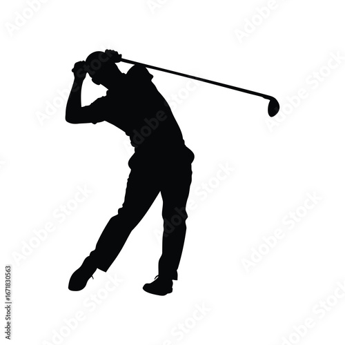 Silhouette of a golfer swinging club, showcasing athletic action and concentration, golfer hitting tee shot silhouette vector illustration