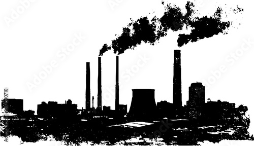 Grunge black and white urban skyline with industrial silhouette for artistic design