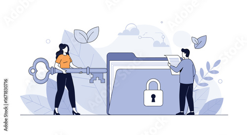 Securing confidential documents with a large key to unlock a locked folder illustration